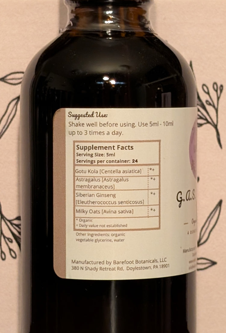 A 4oz bottle of G.A.S. Glycerite with a branded background